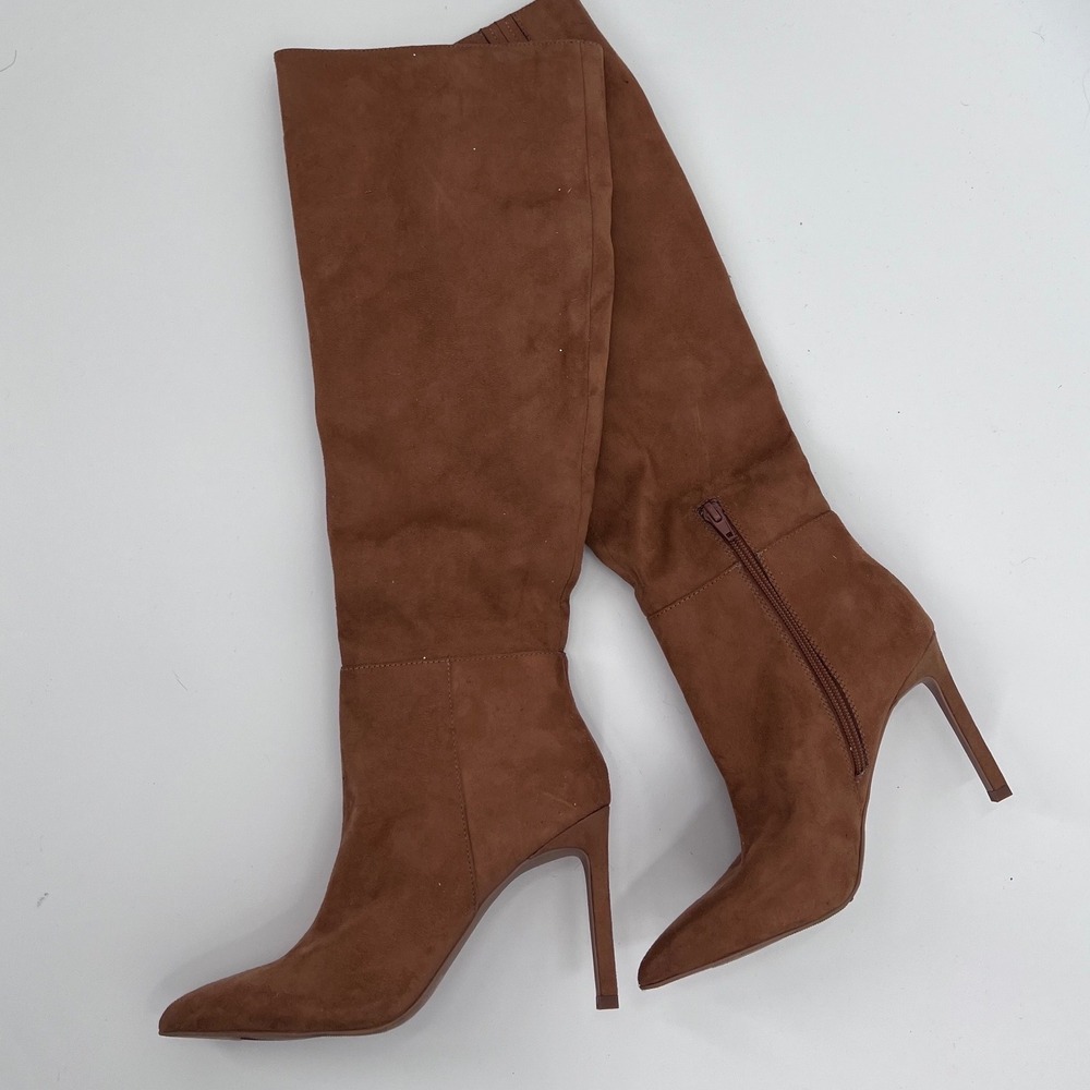 Open Edit Barbara Brown Faux Suede Pointed Toe Stiletto Tall Boots Size 6.5M NWT